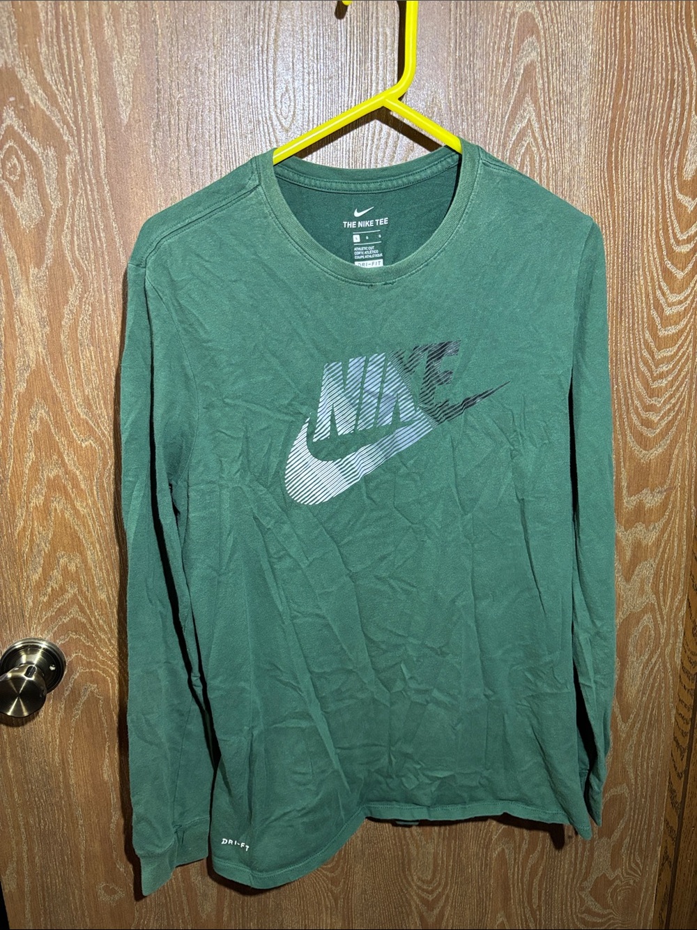 Nike Men's Long-Sleeve Crew Tee in Forest Green with White/Black Logo